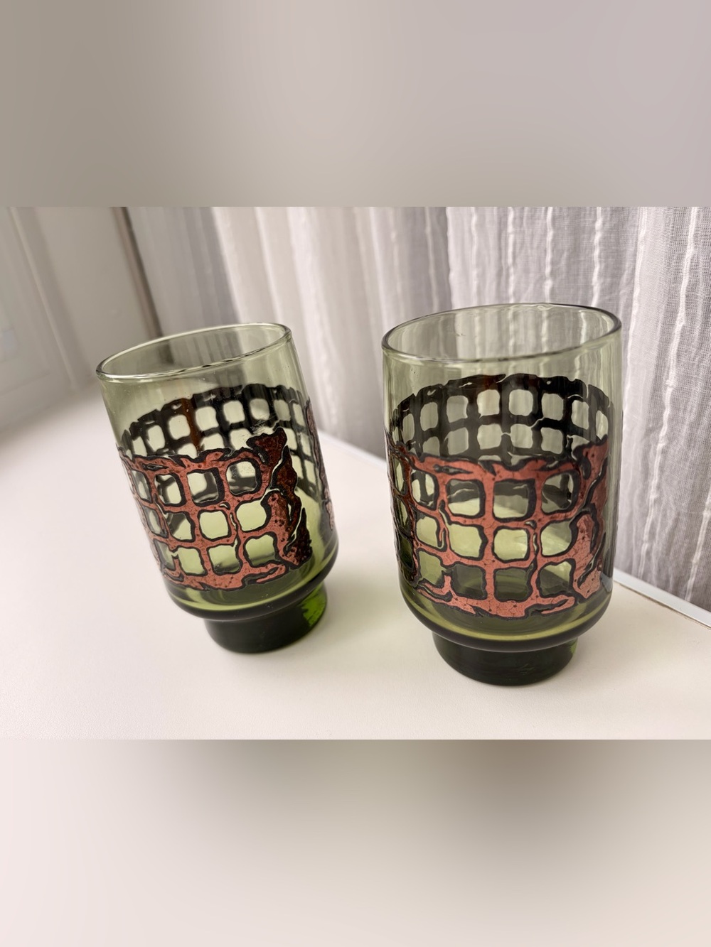 RARE VTG Libbey Signed 2 Green Glass Tumblers Copper Monogram MCM 1970s Barware